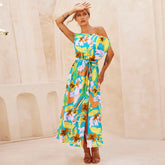Elegant Slim Printed Dress Off Neck Slit Belt Dress